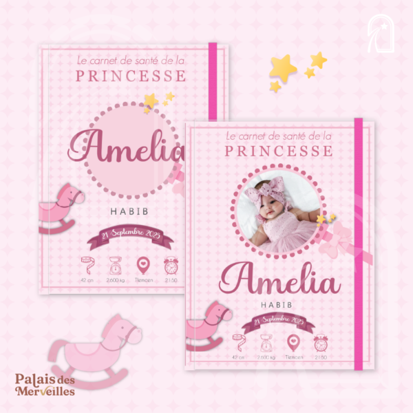 Couverture du carnet de santé Fille - Cheval à bascule rose