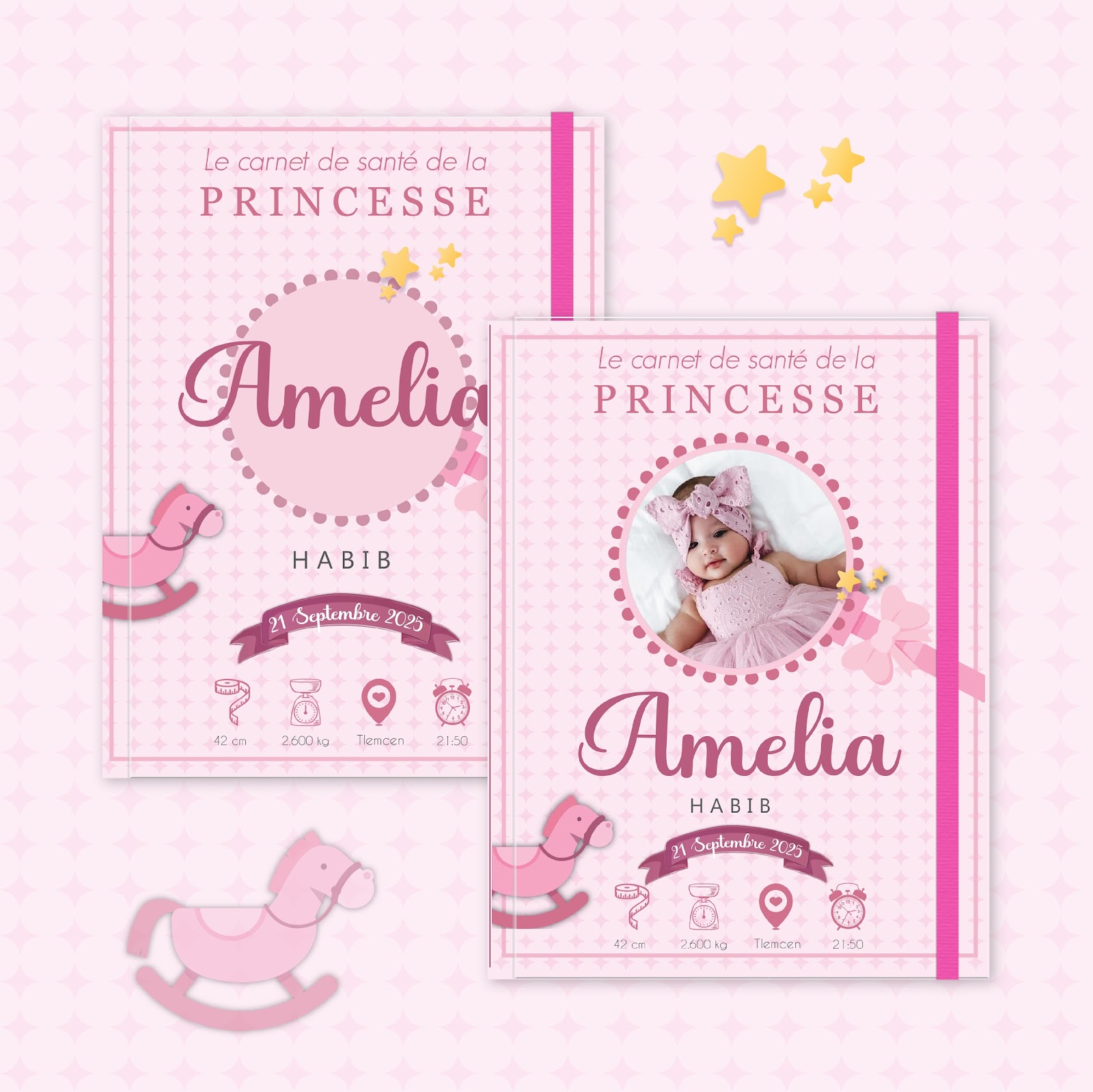 Couverture du carnet de santé Fille - Cheval à bascule rose